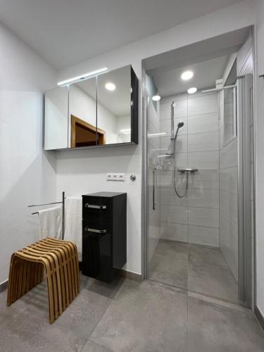 a bathroom with a shower and a glass shower stall at SOMMERHAUS JOSEFA in Mühldorf
