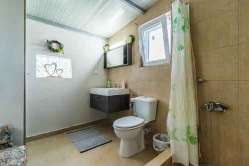 a bathroom with a toilet and a sink and a window at Little Artemis Cozy Cottage in Argos