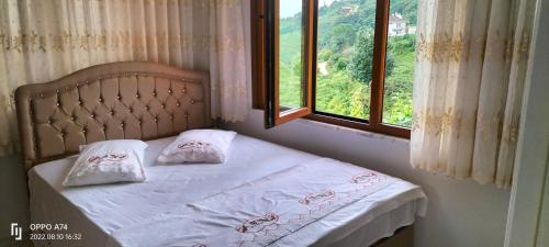een bed met twee kussens en een raam bij Kemer konak in Cayeli