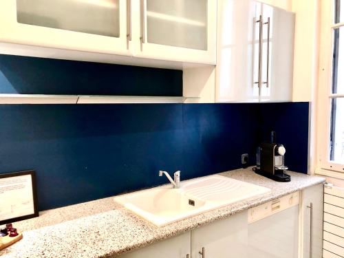 a kitchen with a sink and a blue wall at Appartement 105 m2 rue Foch Arc de Triomphe hyper centre Montpellier in Montpellier