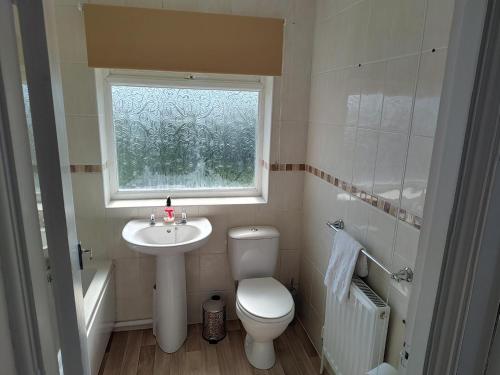 a bathroom with a toilet and a sink and a window at Jarvis Drive 3 Bed contractor house In melton Mowbray in Melton Mowbray
