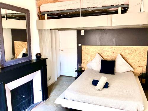 a bedroom with a bed with a fireplace and a mirror at Appartement 105 m2 rue Foch Arc de Triomphe hyper centre Montpellier in Montpellier