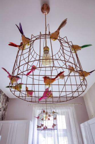 a group of birds sitting in a cage hanging from a ceiling at Słoneczna Willa & sauny in Kudowa-Zdrój