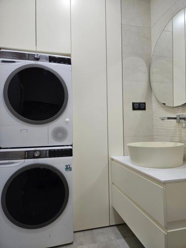 eine Küche mit einer Waschmaschine und einem Waschbecken in der Unterkunft ADAV Luxus Apartment in Visoko