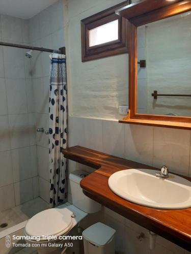 a bathroom with a sink and a toilet and a mirror at Hotel La Vista in Canoa