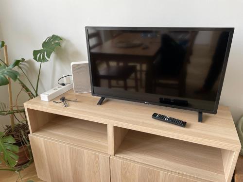 een televisie op een houten standaard met afstandsbediening bij Mieszkanie w Gdańsku in Gdańsk