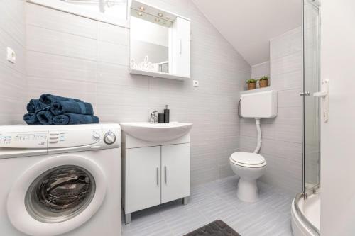 uma casa de banho com uma máquina de lavar roupa e um WC em Apartment LaPePa em Šilo