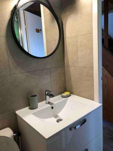 une salle de bain avec un lavabo et un miroir dans l'établissement Duplex - Proche de Gérardmer, à Le Tholy