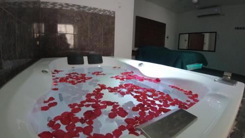 a bath tub filled with red rose petals at Hotel Posada Huasteca in Tamazunchale