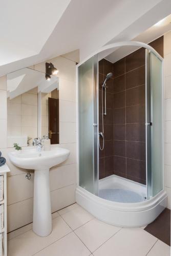 a bathroom with a sink and a shower at Apartment Mia in Slunj