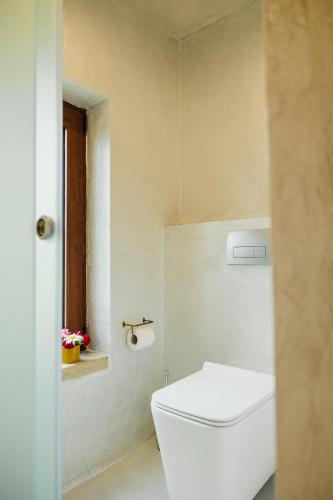 a bathroom with a white toilet and a window at Blerina's Agritourism Concept in Laknas