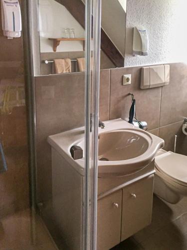 a bathroom with a sink and a toilet at Torstuben in Tettnang