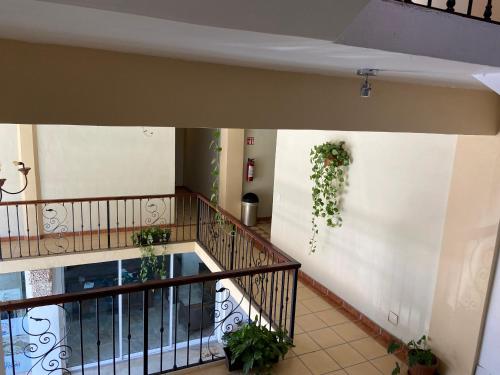 a hallway with a staircase with plants on the wall at HOTEL EL CORAL in Punta Mita