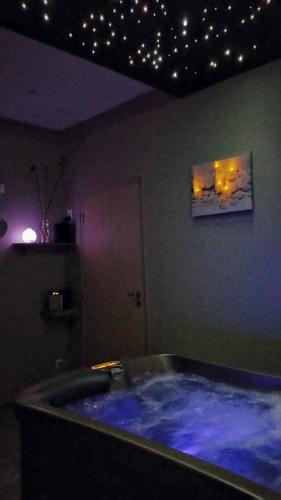 a large blue tub in a room with lights at Hôtel Le Belvedere in Saint-Cyprien