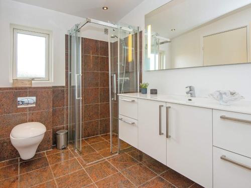 a bathroom with a shower and a toilet and a sink at Holiday home Haderslev L in Haderslev