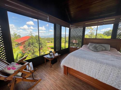 Pitangus Lodge في Chachagua: غرفة نوم بسرير ونافذة كبيرة