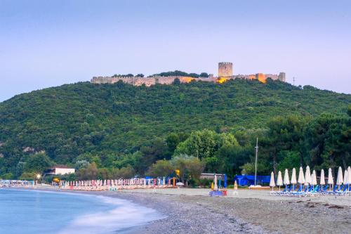 een strand met een kasteel op de top van een heuvel bij NikoleTakis Apartments in Paralia Panteleimonos