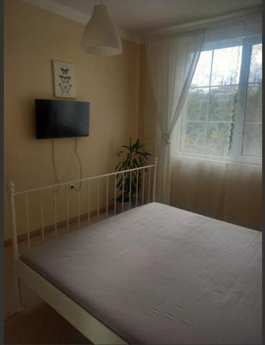 a bedroom with a bed and a tv and a window at Апарт-хотел ПОМОРИЕ РЕЗИДЕНС in Pomorie