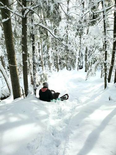 a person sitting in the snow with a snowboard at Chalet NABU L'Ours - Rivière - Billard in Saint-Alexis-des-Monts