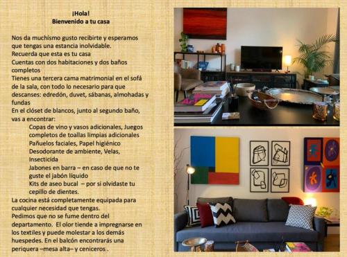 een flyer voor een woonkamer met een bank bij Excelente departamento en la Condesa in Mexico-Stad