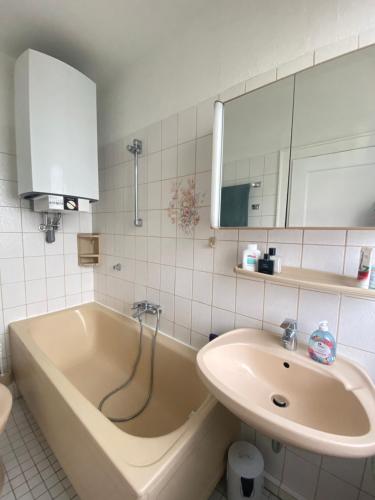 a bathroom with a tub and a sink and a mirror at Modern Studio Apartment in Berlin with Garden Near Sea in Berlin