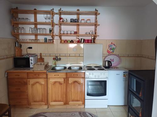 a kitchen with a white stove and a white refrigerator at Apartment Kalpačina in Žabljak
