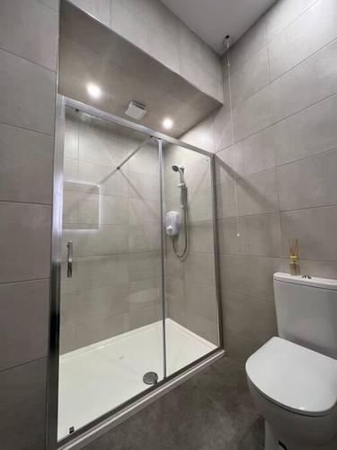 a bathroom with a shower and a toilet at “The Art House 6” Galway, Woodquay in Galway