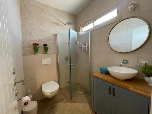 uma casa de banho com um WC, um lavatório e um espelho. em צימרימון em Bet Rimmon