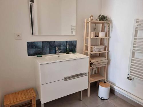 a bathroom with a white sink and a shelf at Chez Sara et Joan : T2 hypercentre, cosy proximité gare in Orléans