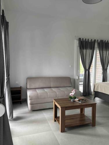 a living room with a couch and a coffee table at •Naiades Villas• Odysseus• in Ladharió