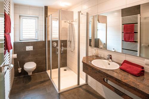 a bathroom with a sink and a shower at Landgastohf Thiem in Waischenfeld