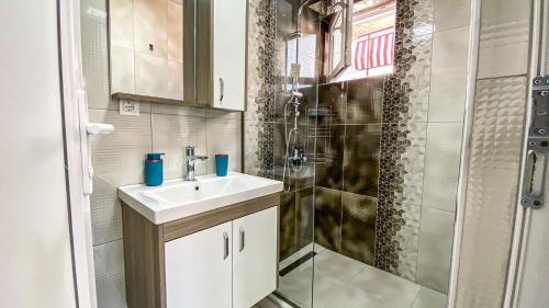a small bathroom with a sink and a shower at Vila Shogun in Ohrid