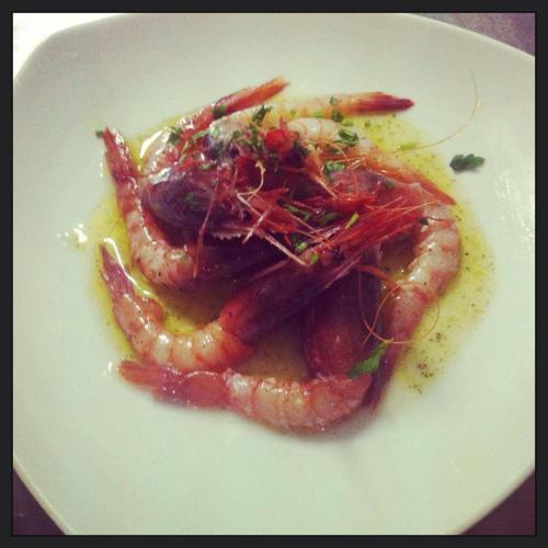 a white plate of food with shrimp on it at Hotel O Palmo in Panarea