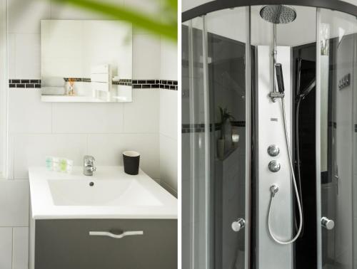 two pictures of a bathroom with a sink and a shower at My Evening Break- Appartement cosy proche Disney et Paris in Noisy-le-Grand