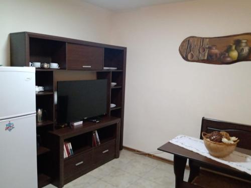 uma sala de estar com uma televisão, uma mesa e um frigorífico em Alegra Centro em San Martín de los Andes
