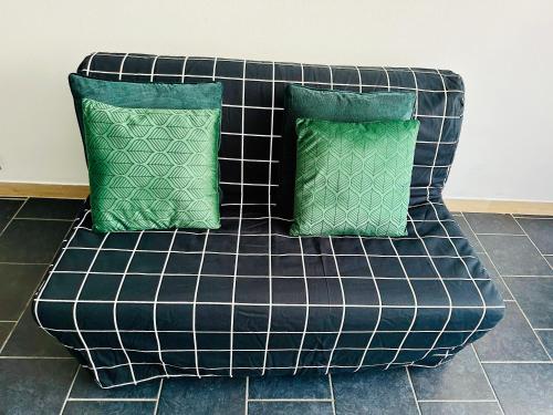 um sofá com duas almofadas verdes em Urban Sejour - Hyper Center em Liège