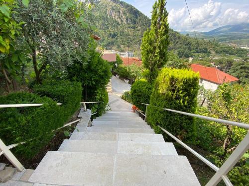 a set of stairs leading up to a mountain at Marl's Home in Berat