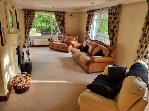 a living room with leather couches and a fireplace at Gap Retreat in Carrickmore