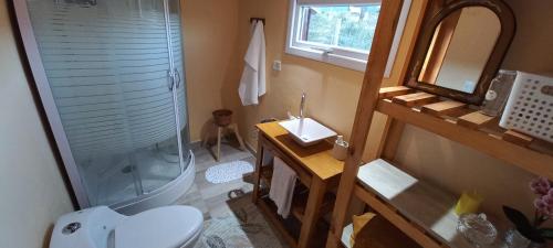 uma casa de banho com um chuveiro, um lavatório e um WC. em Casa con hermosa vista a los cerros em San Carlos de Bariloche