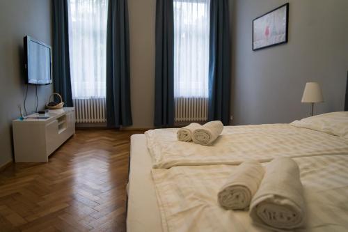 a hotel room with two beds and a television at Top class apartments in Carlsbad Bulharska street in Karlovy Vary