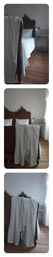 two pictures of a bed with white sheets and pillows at La vispa ceresa in Castellinaldo