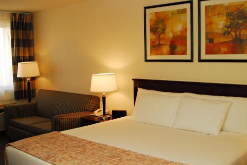 a hotel room with a bed and a chair at Ramada by Wyndham Bettendorf in Bettendorf