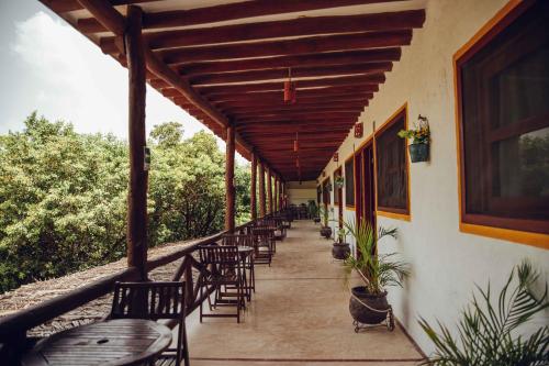 a row of tables and chairs on a patio at Villas Margaritas Holbox in Holbox Island