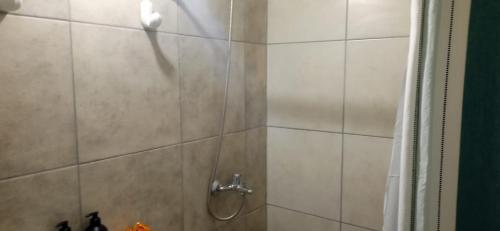 um chuveiro com uma porta de vidro na casa de banho em Casa de Julia em Tunuyán