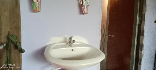 邦隆Srey Leap Homestay的白色墙壁上的白色水槽