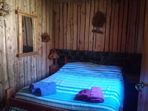 sypialnia z łóżkiem z dwoma ręcznikami w obiekcie Cabañas la osa w mieście El Bolsón