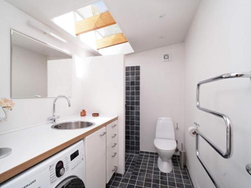 ein Badezimmer mit einem Waschbecken und einer Waschmaschine in der Unterkunft Holiday home Tisvildeleje XVIII in Tisvildeleje
