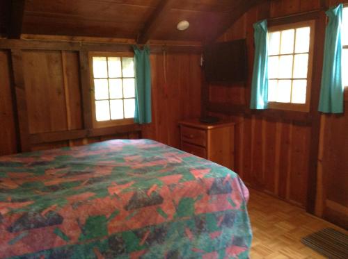 a bedroom with a bed and two windows and a television at Addison's Bungalows in Brisco