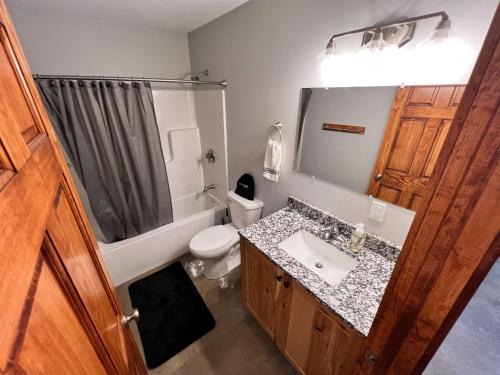 een badkamer met een wastafel, een toilet en een spiegel bij Brightstone Lake Cabin 1 in Fair Oaks