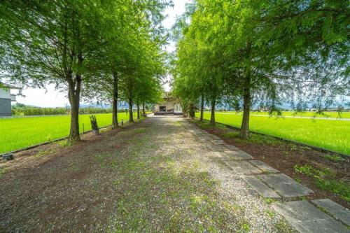 a tree lined driveway with a house in the distance at 稻哪趣田園民宿 平價villa in Dongshan
